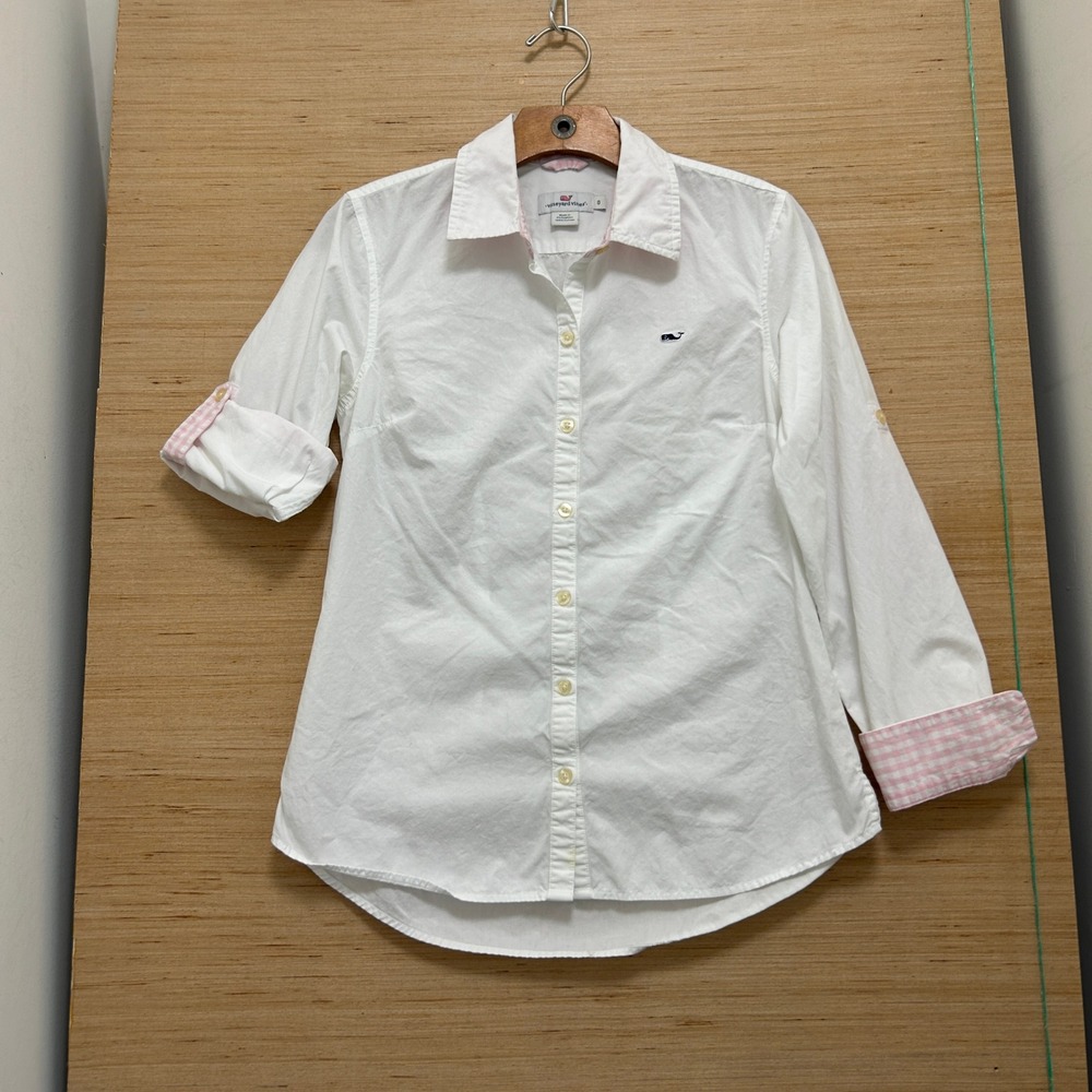 Vineyard Vines Womens White Cotton Button Down Shirt Pink Gingham Trim Size 0